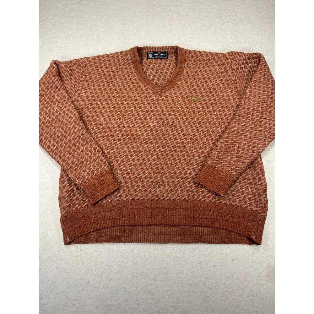 Monte‎ Carlo Collection Sweater Mens 42 Brown Houndstooth Wool Shrink Resist